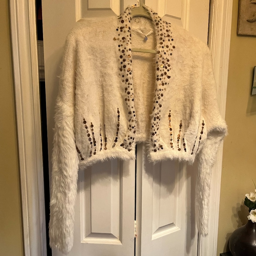 Knitted and Knotted (Anthropologie) Cream Sequinned Cardigan Sweater Size M